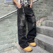 Y2K Ripped Baggy Jeans Mens Wide Leg Black Washed Distressed Grunge Skater Denim