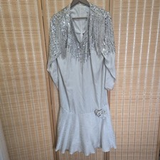 80s Galleria Silk Dress Silver Beaded Fringe Sequin Drop Waist Cream Vintage 14