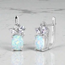 Sterling Silver White Lab Opal and CZ Cluster Earrings
