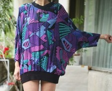 Vintage 80s Disco top Boho tunic Viscose Abstract Swiss made batwing blouson