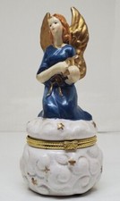 Angel Trinket Box Figurine Ceramic Angel Kneeling on Cloud Blue Dress 5"