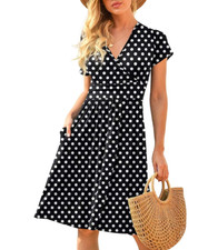 Lapentry Black Polka Dot Surplice Pocket Dress Plus Size XXXL