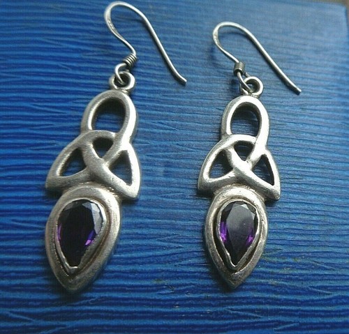Attractive Vintage Sterling Silver & Amethyst Drop Celtic Earrings 925 - Hooks - Picture 2 of 5