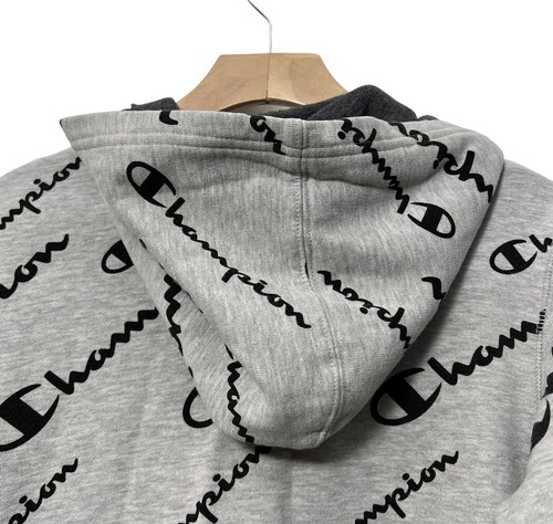 Champion Hoodie Grey with Black Logo Allover Print Hoodie Boys Size XL, Adult XS - Picture 7 of 10