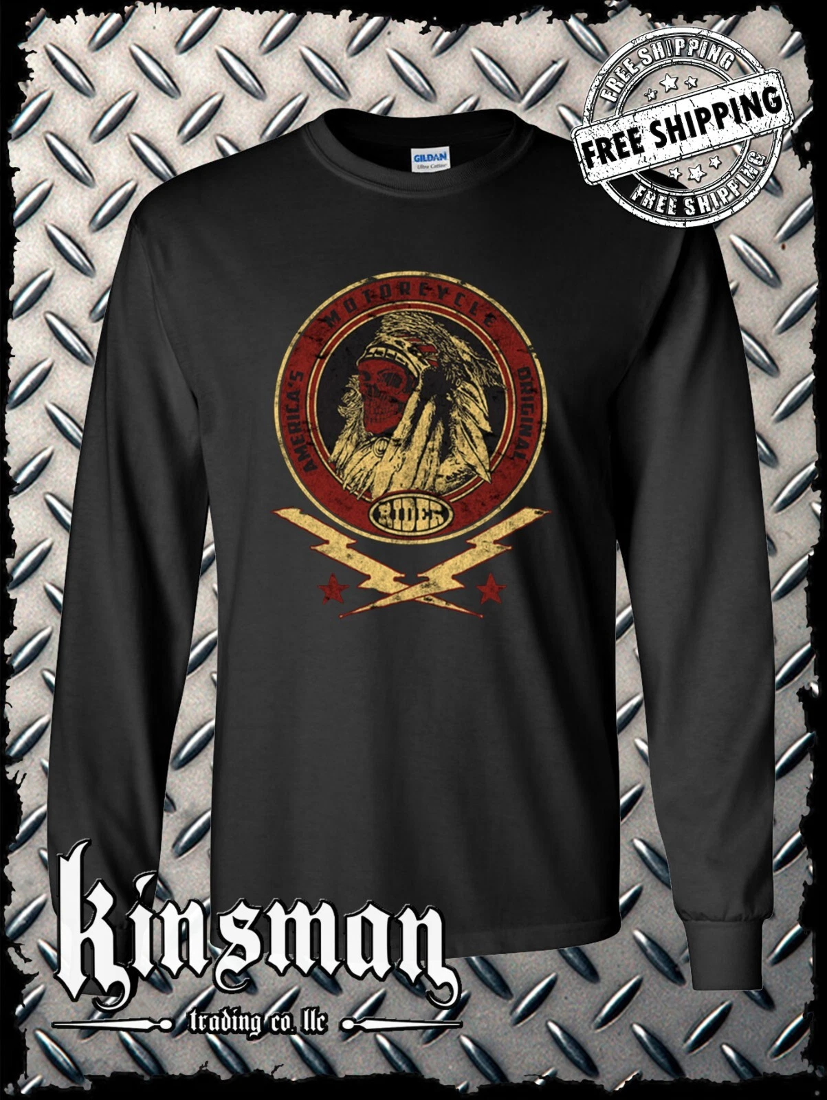 Custom Tradition Motorcycle Biker Long Sleeve T-Shirt / Indian Skull War Bonnet