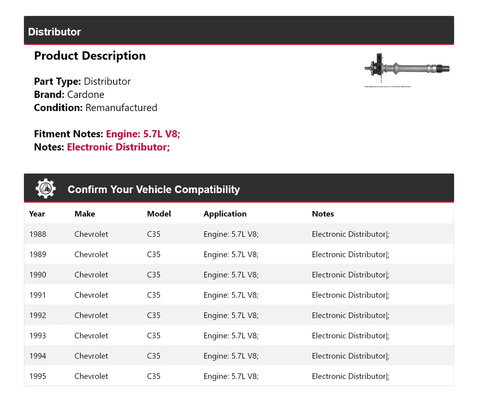 Para Chevrolet C35 1988-1995 5,7 L V8 distribuidor Cardone 1989 1990 1991 1992 1993 Foto 2 de 4