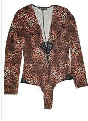 INC 253673 Women's Leopard-Print Lace-Trim Thong Bodysuit Size