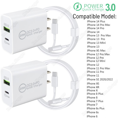 For iPhone 14/13/12/11/XR XS Fast Wall Charger 20W PD USB C Type C Adapter Cable