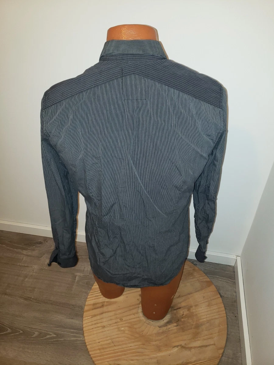 Camisa (Mediana) Para Hombres GUESS Abotonada Negra Gris Rayas Calce Ajustado