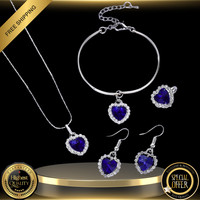 Blue Titanic Heart of The Ocean Necklace Earrings Bracelet & Ring  Set