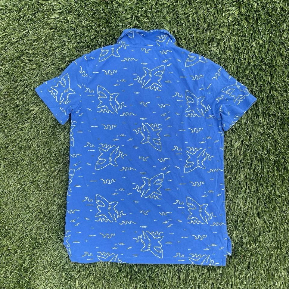 Old Navy Boys L (10-12) Blue Shark Print Polo Shirt Short Sleeve Cotton Blend - Image 3 of 4