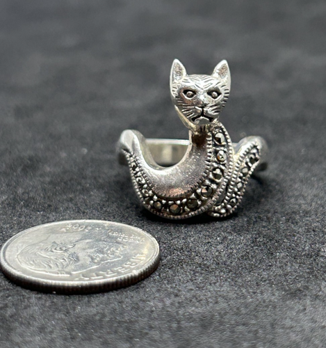 925 Sterling Markasit Katze Ring 19 mm Gr. 5,5 - 4,42 g - Bild 3 von 5