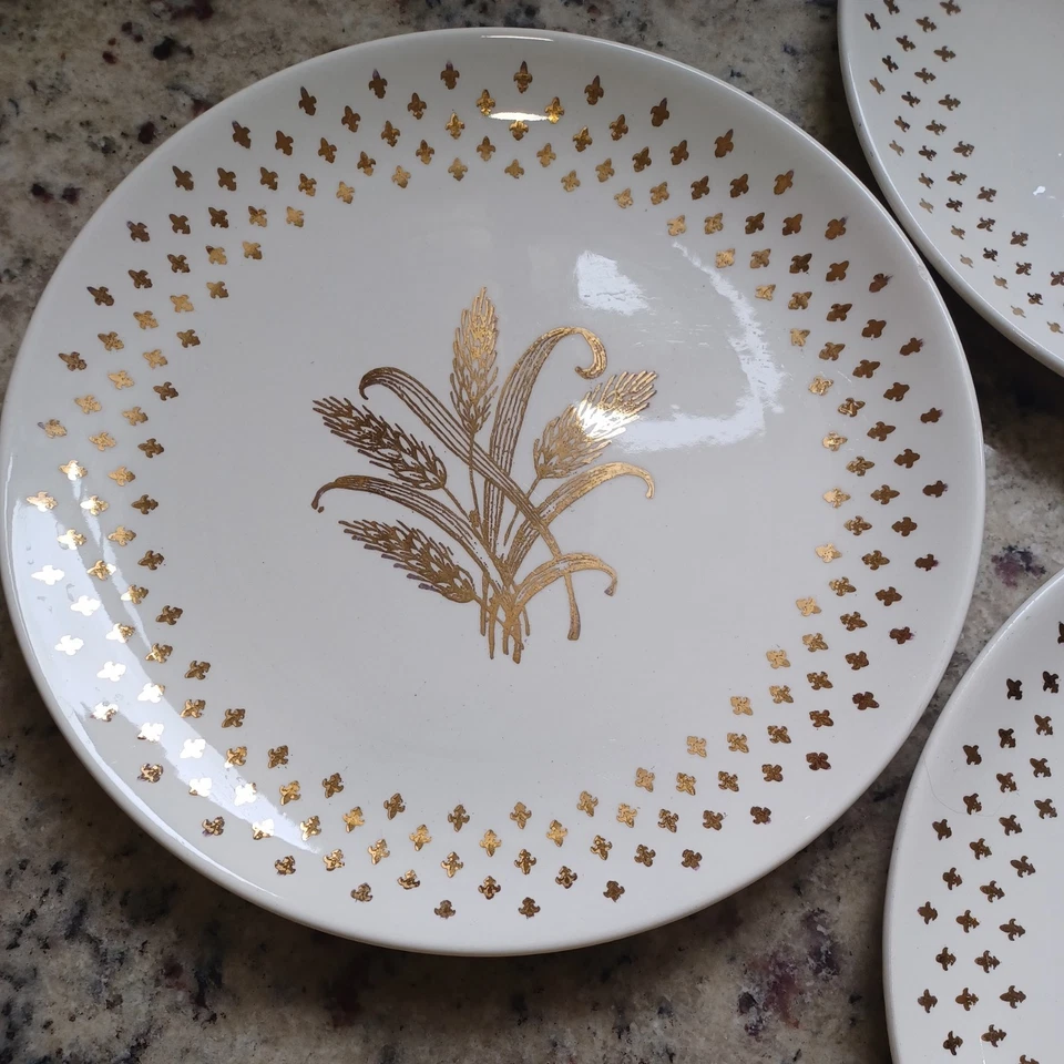 4 pratos de jantar Homer Laughlin trigo dourado Fleur De Lis MCM louça 9" - Imagem 2 de 4