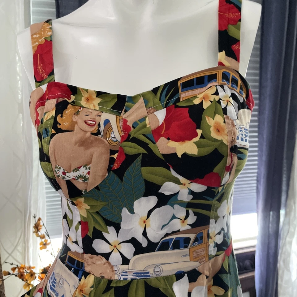 Belle Poque Retro Vintage Sleeveless Fit & Flare Women UniqueCarPrint Dress SzM - Image 3 of 4