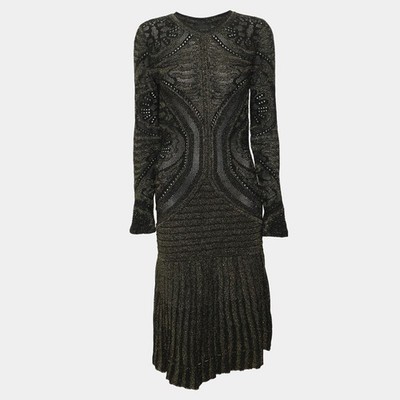 Just Cavalli GoldBlack Lurex Knit Pleated Midi Dress M