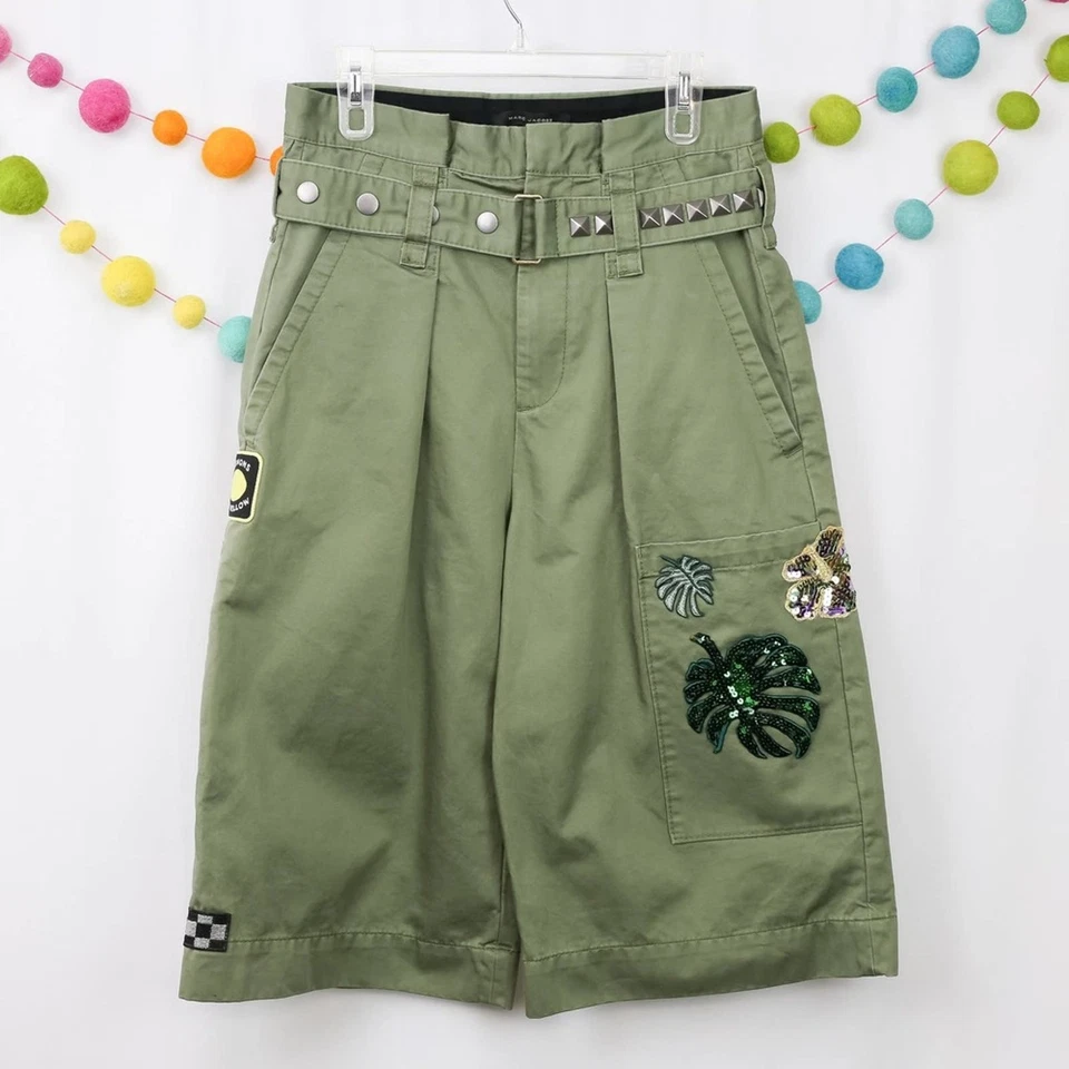 Marc Jacobs Olive Green Embellished Belted Embroidered Long Cargo Shorts Size 6 - Image 4 of 4