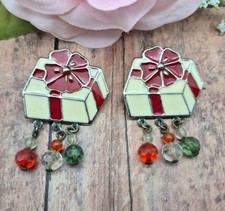 CHRISTMAS Earrings Dangle Beads Enamel Presents With Bows Holiday Party 1.75"