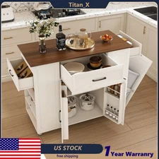 46" Rolling Kitchen Island With Trash Can Storage Cabinet Drawer Island Table
