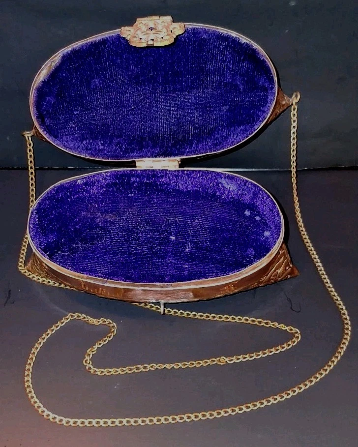 1920s Era Copper and Brass Pillow Purse, Purple Velvet Lined - Image 3 of 4