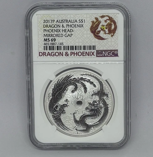 2017 Australia Dragon & Phoenix 1oz Silver Coin (Error - Mirrored gap) NGC MS69