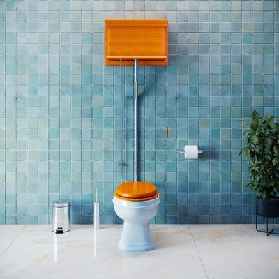 White Elongated High Tank Pull Chain Toilet with Light Oak Wooden Tank