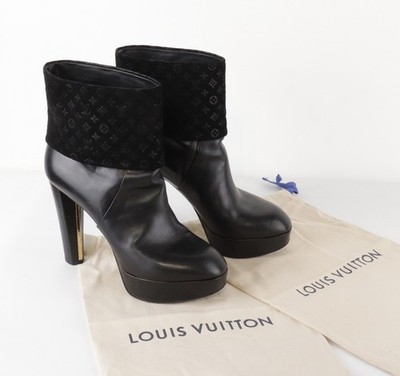 Louis Vuitton Monogram Suede Leather Black Heels Booties Size IT 37.5; US 7.5
