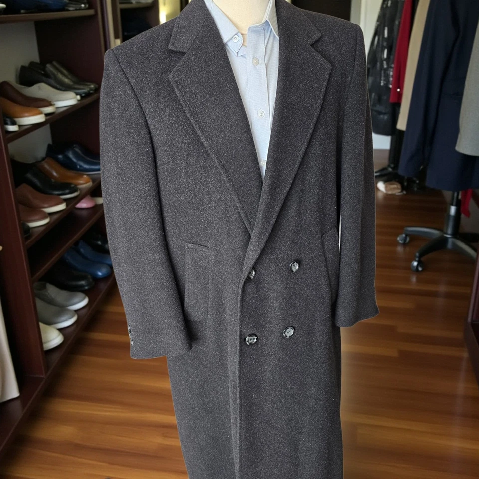 Vintage Double Breasted Flannel Overcoat 40r Full Length Charcoal Wool Cashmere - Image 4 of 4