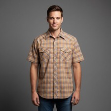 Vintage Wrangler Western Shirt Mens 2XL Pearl Snaps Plaid Brown Short Sleeve