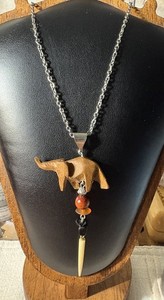 Vintage Wood Elephant Pendant Necklace Boho Genuine Bone Spike Tribal