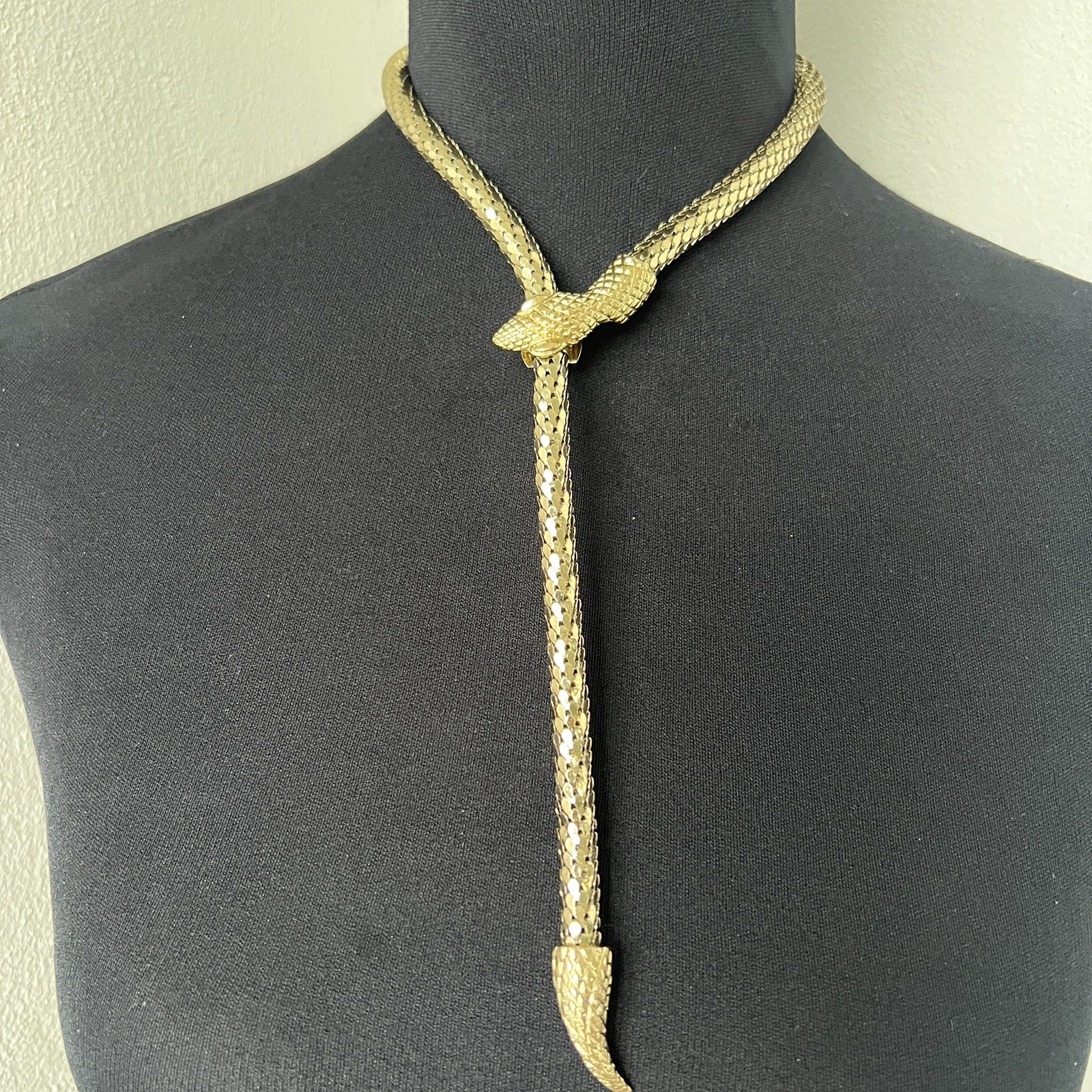 Whiting & Davis Mesh Snake Lariat Necklace in Gold Rare Diamond Crosshatch Vtg image 6
