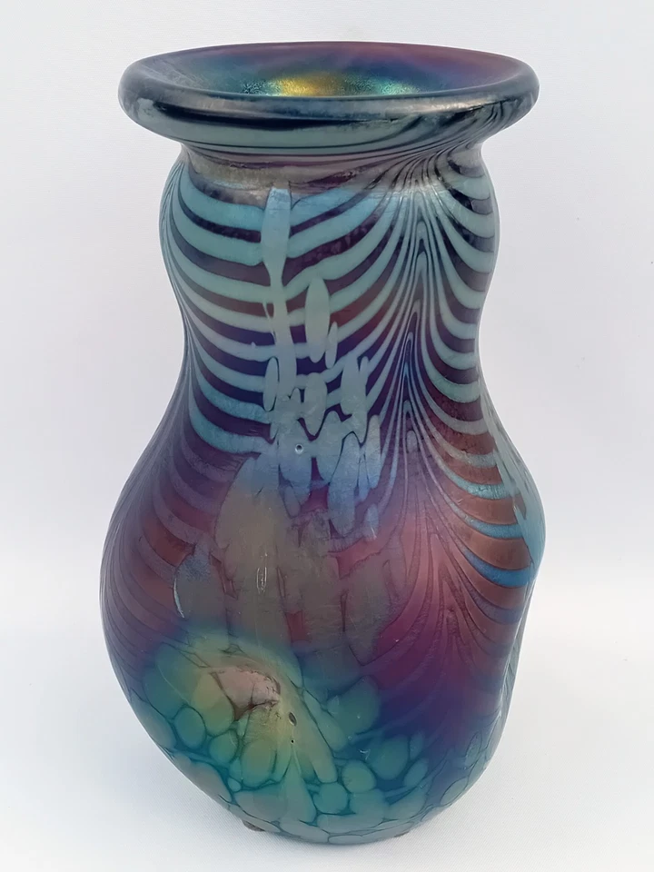 Seltene Glasvase Freiherr von Poschinger Petrolfarben Irisierend Kammzug - Bild 2 von 4