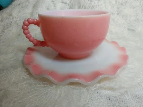 Vtg Hazel Atlas Crinoline Pink Milk Glass Tea Cup with Ruffled Saucer 50s