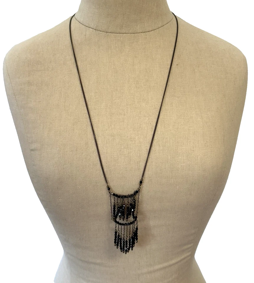 Isabel Marant 30" Largo Boho Doble Capa Cuentas Flecos Collar Latón Negro Foto 2 de 4