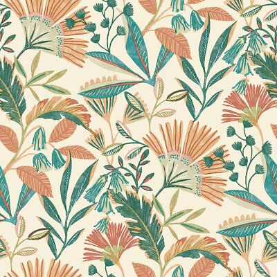 Grandeco Ciara Tropical Leaf Orange Grün Tapete Botanical Paste The Wall