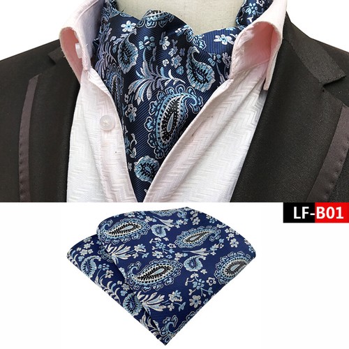 New Classic Men's Ascot Cravat Tie Silk Paisley Blue Scarves Cravat Hanky Set - Afbeelding 19 van 45