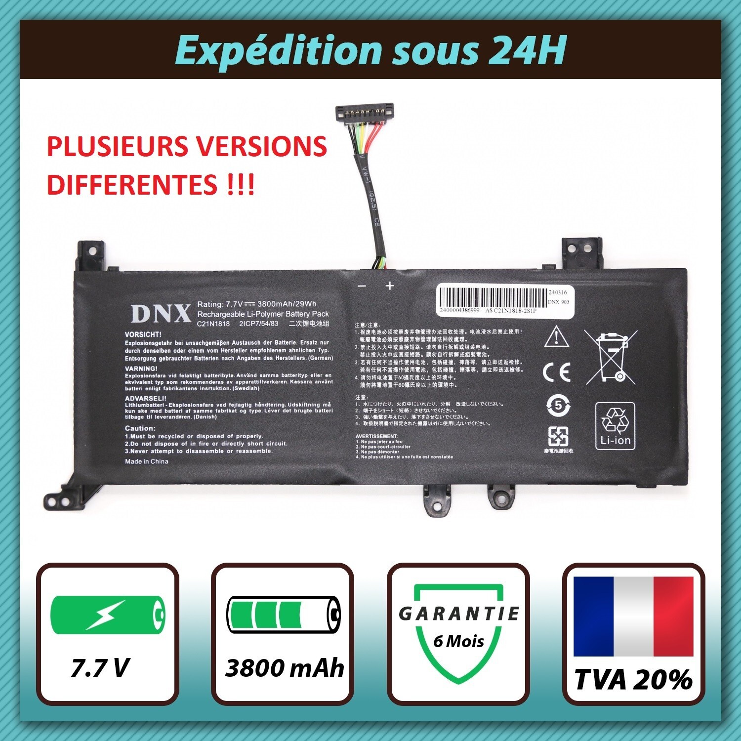 Batterie Asus K509J K509JA B21N1818 de rechange pour PC portable 7.7V
