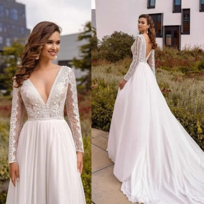 Boho Brautkleid Hochzeitskleid V-Ausschnitt Langarm Leckage Zurück Weiß Ivory - Bild 1 von 4