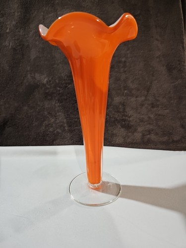 Vintage Fluted Orange Art Glass Vase 10" Length