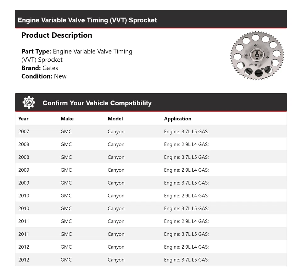 Puertas de piñón de distribución de válvula variable (VVT) para motor GMC Canyon 2007-2012 2008 Foto 2 de 4