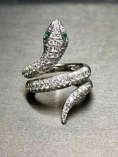 Micro Pave Set White Cubic Zirconia Green Emerald Eyes Snake Wrap Design Ring