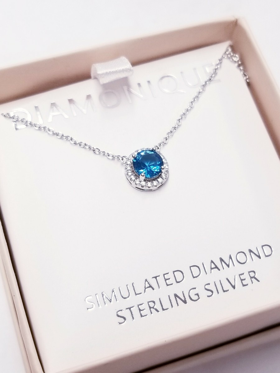 QVC Diamonique Cubic Zirconia Halo Blue Sterling Silver Necklace