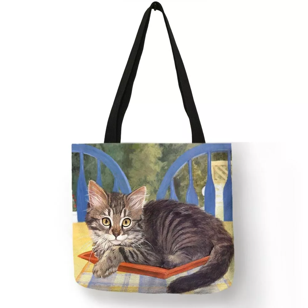 Oil Painting Cat Print Linen Tote Bag Beach Tote Bag Eco Friendly Shopping Bag