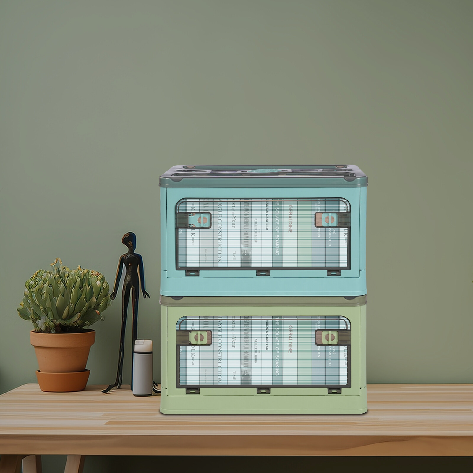 Foldable Stackable 2-Tier Storage Bin in Green and Blue