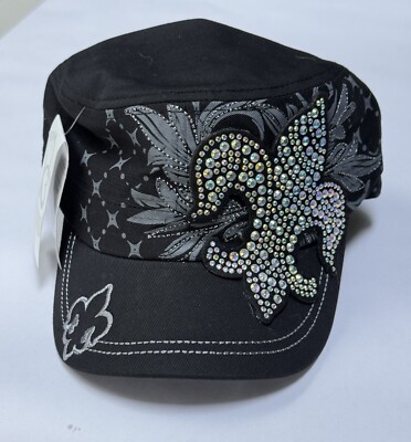 NEW KBethos Black Cadet Cap with Blingy Fleur De Lis Gem Stones. Adjustable Fit
