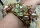 Vintage Miriam Haskell? Floral Pastel Seed Beads Pearls W/Brass Leaves Bracelet
