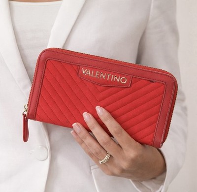 Valentino Red Zip Clutch Wallet Quilted Leather Large Wallet Women