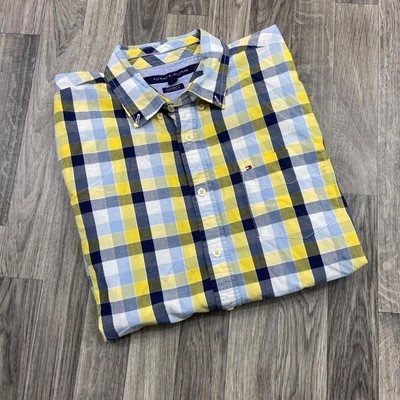 TOMMY HILFIGER Custom Fit Button Down Blue/Yellow Plaid Shirt Men's Size Large