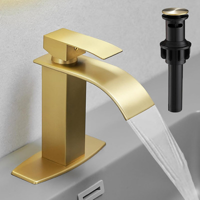 Brushed Gold Single-Handle Waterfall Bathroom Sink Faucet + Pop-Up Drain