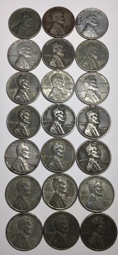 WWII ERA 1943 LINCOLN STEEL WHEAT CENTS PENNIES 21 COIN LOT SET 🇺🇸