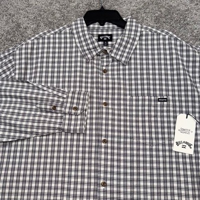 Billabong Mens Mogul XL Off White Plaid Long Sleeve Stretch Button Up Shirt NEW